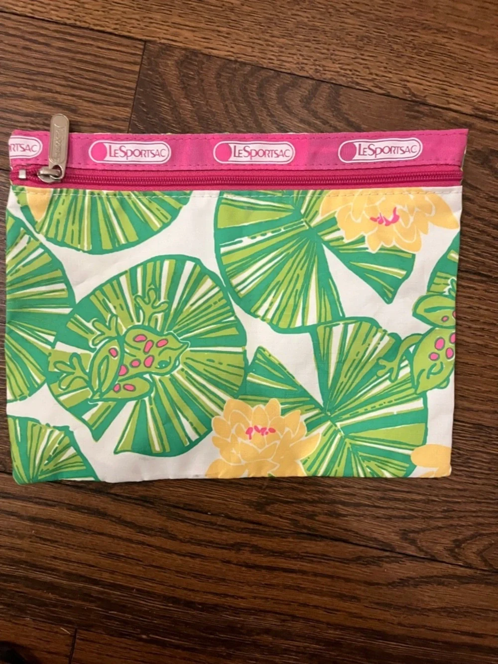LeSportsac White Pouch with Pink Trim and Green Lily Pad Print